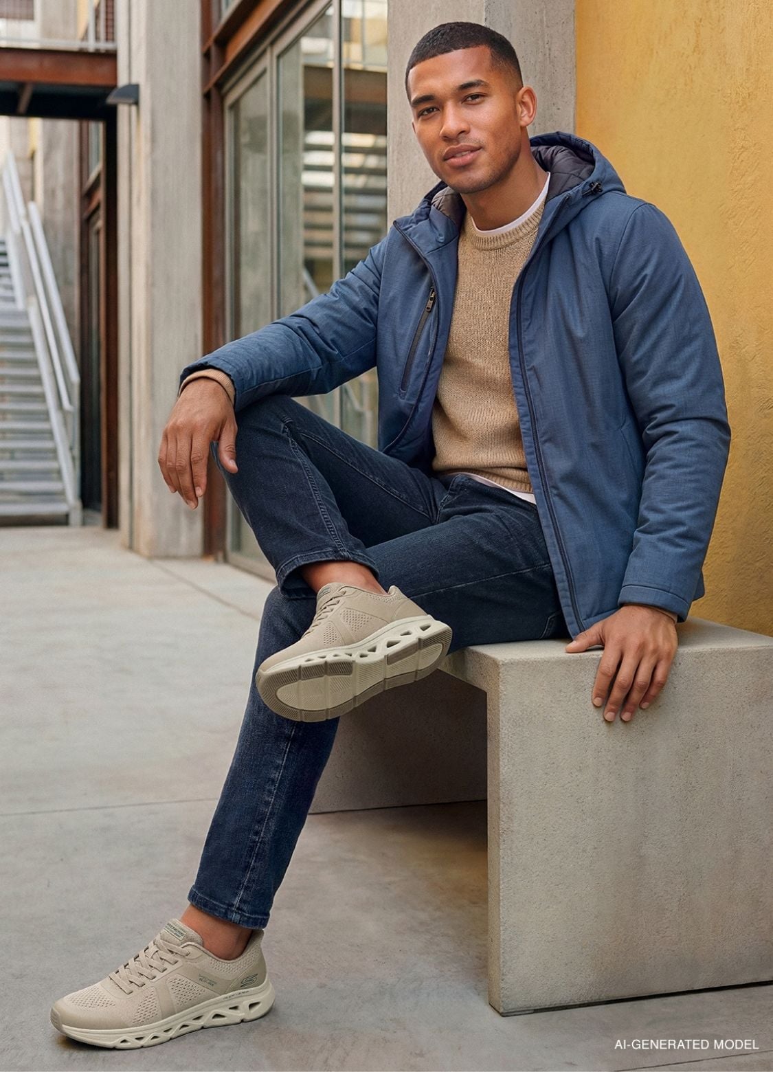 man on chair skechers shoes