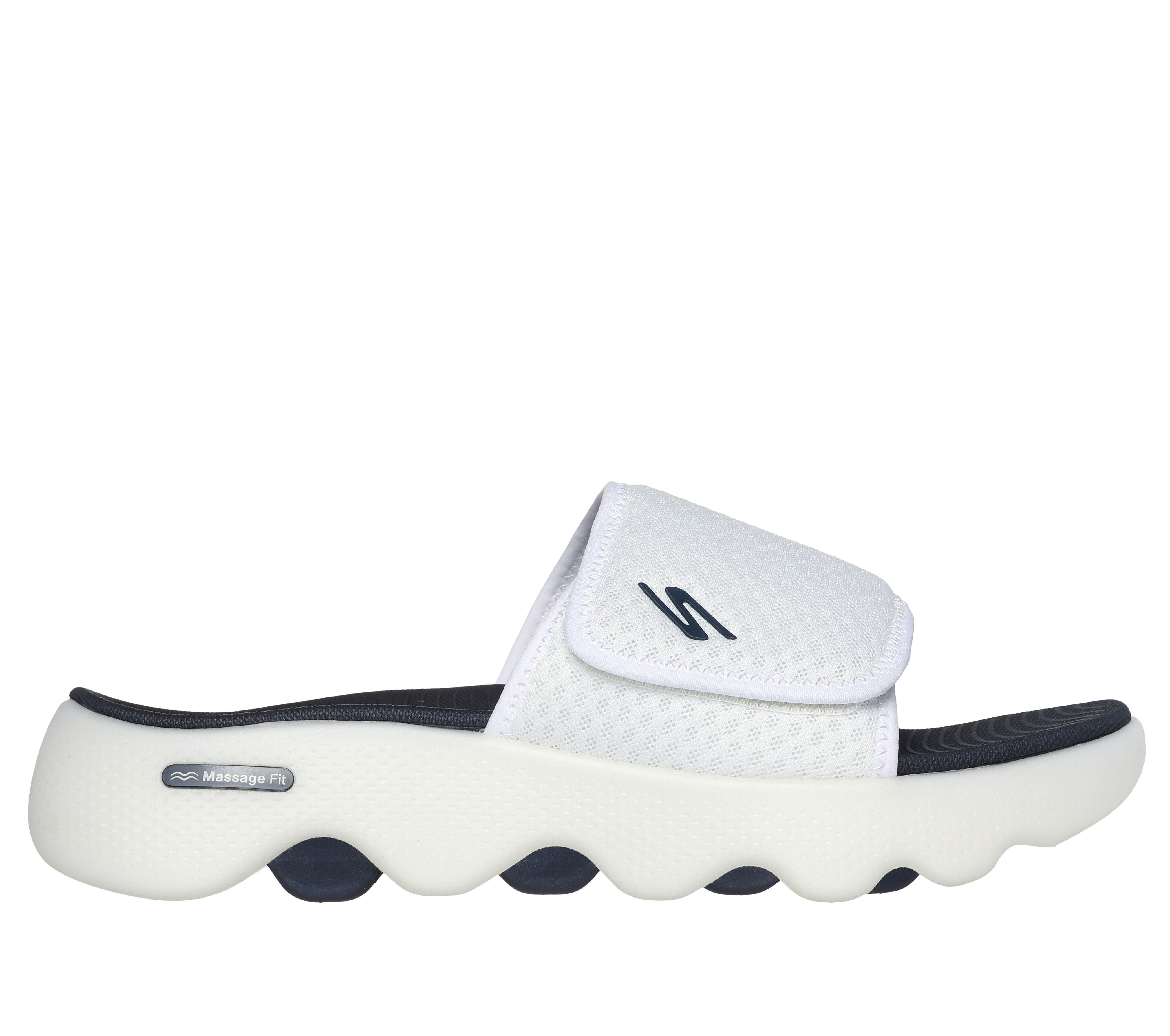 Skechers Men s Go Walk Massage Fit Sandals Size 8.0 White Navy Textile Synthetic Vegan Hyper Burst
