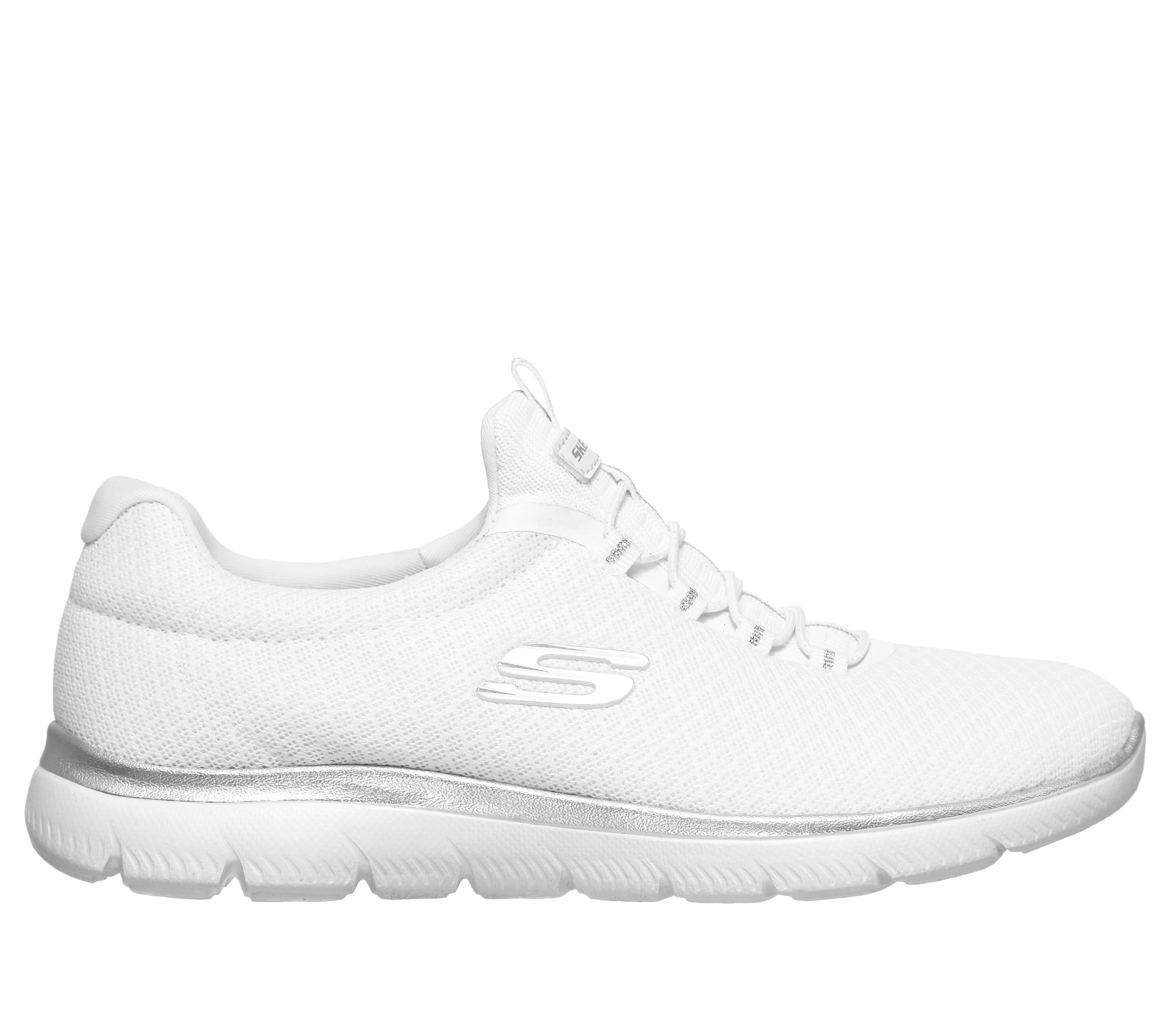 silver skechers trainers