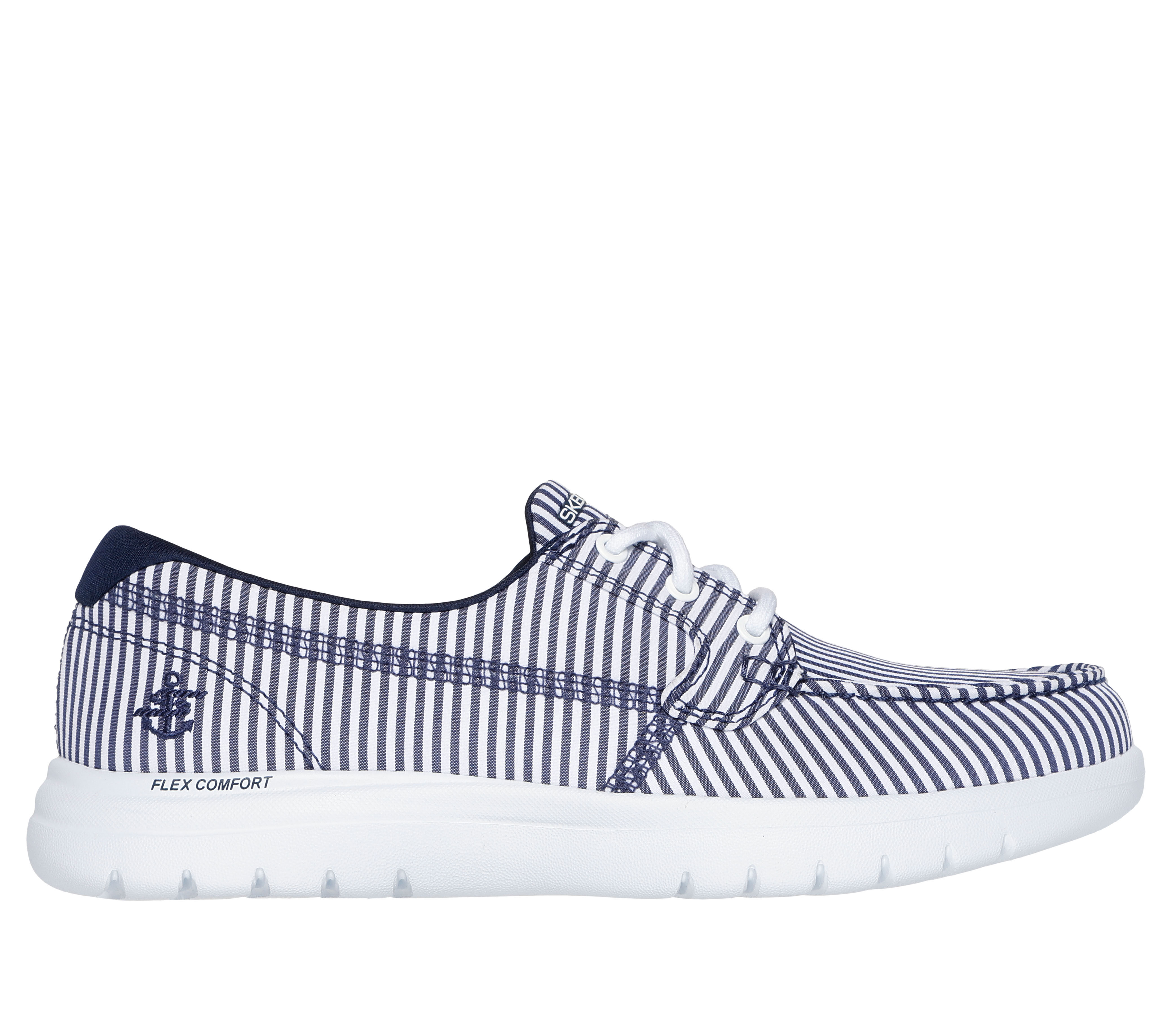 Blue and white striped skechers shop