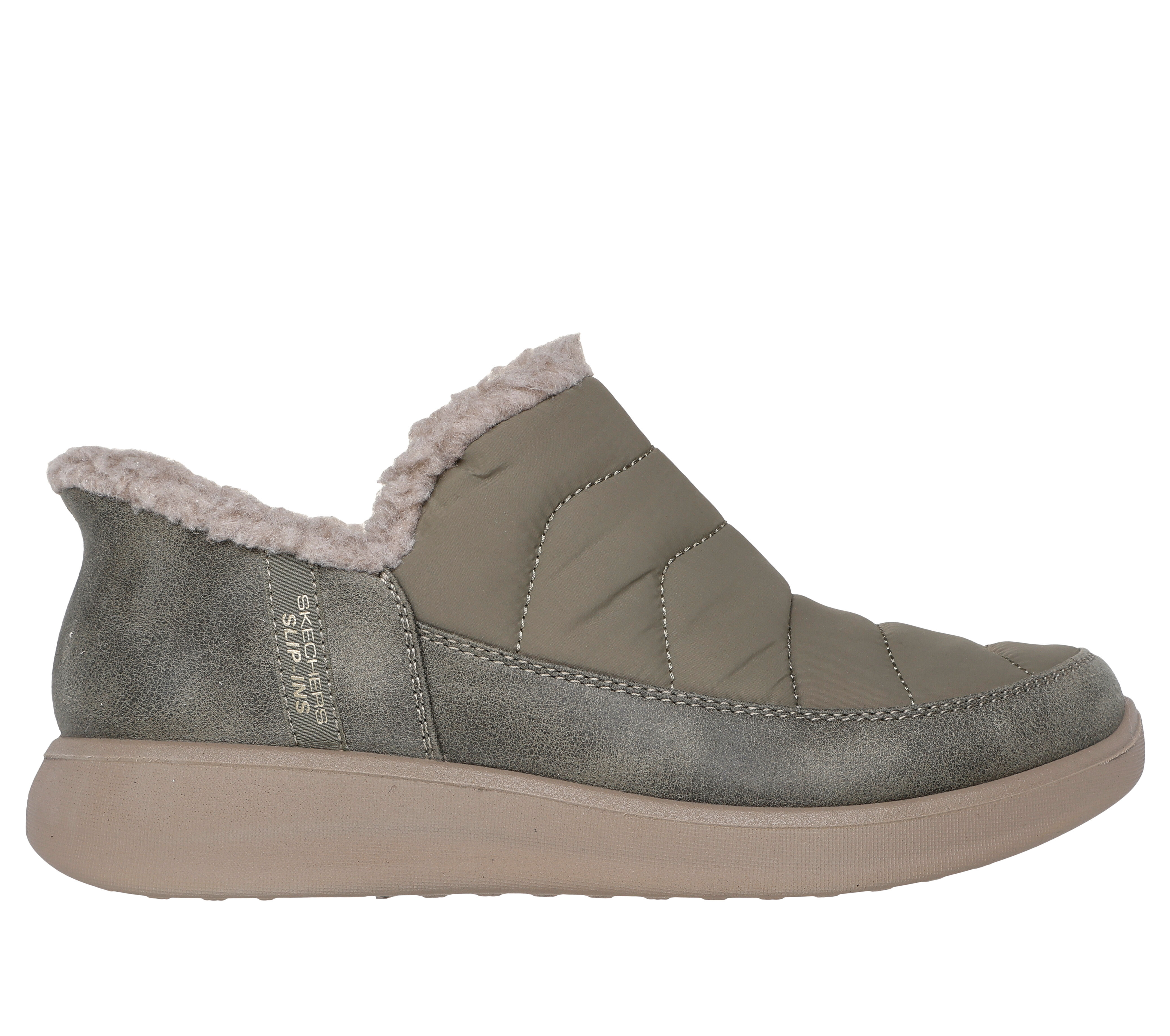 Skechers Women s Slip ins Cozy Escape Snowpuff Slipper Boots Size 8.5 Dark Taupe Textile Vegan