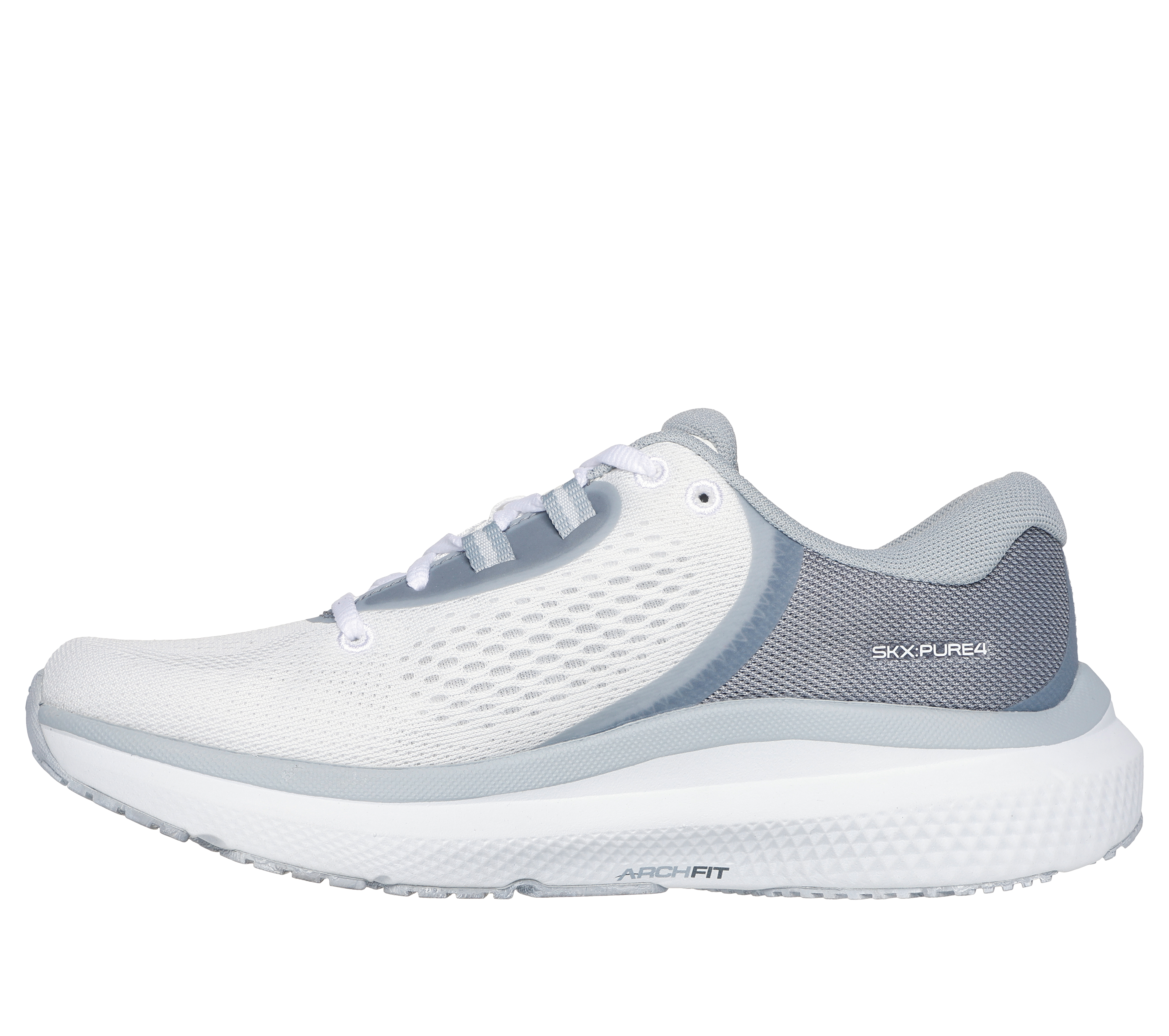 Skechers Women s Go Run Pure 4 Sneaker Size 7.5 White Gray Textile Synthetic Vegan Machine Washable Arch Fit