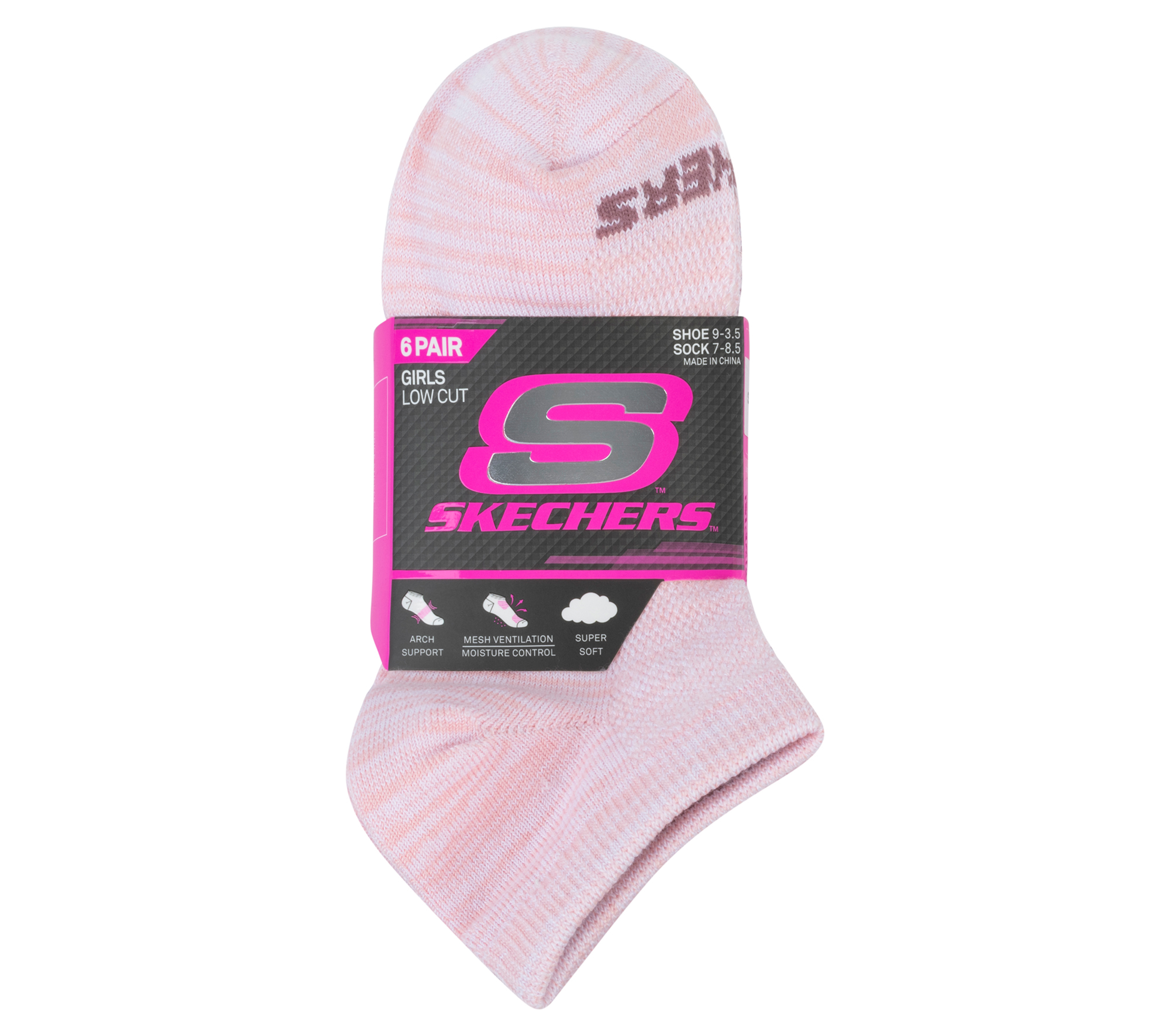 Skechers Girl s 6 Pack Low Cut Color Stripe Socks Size Small Poly Blend