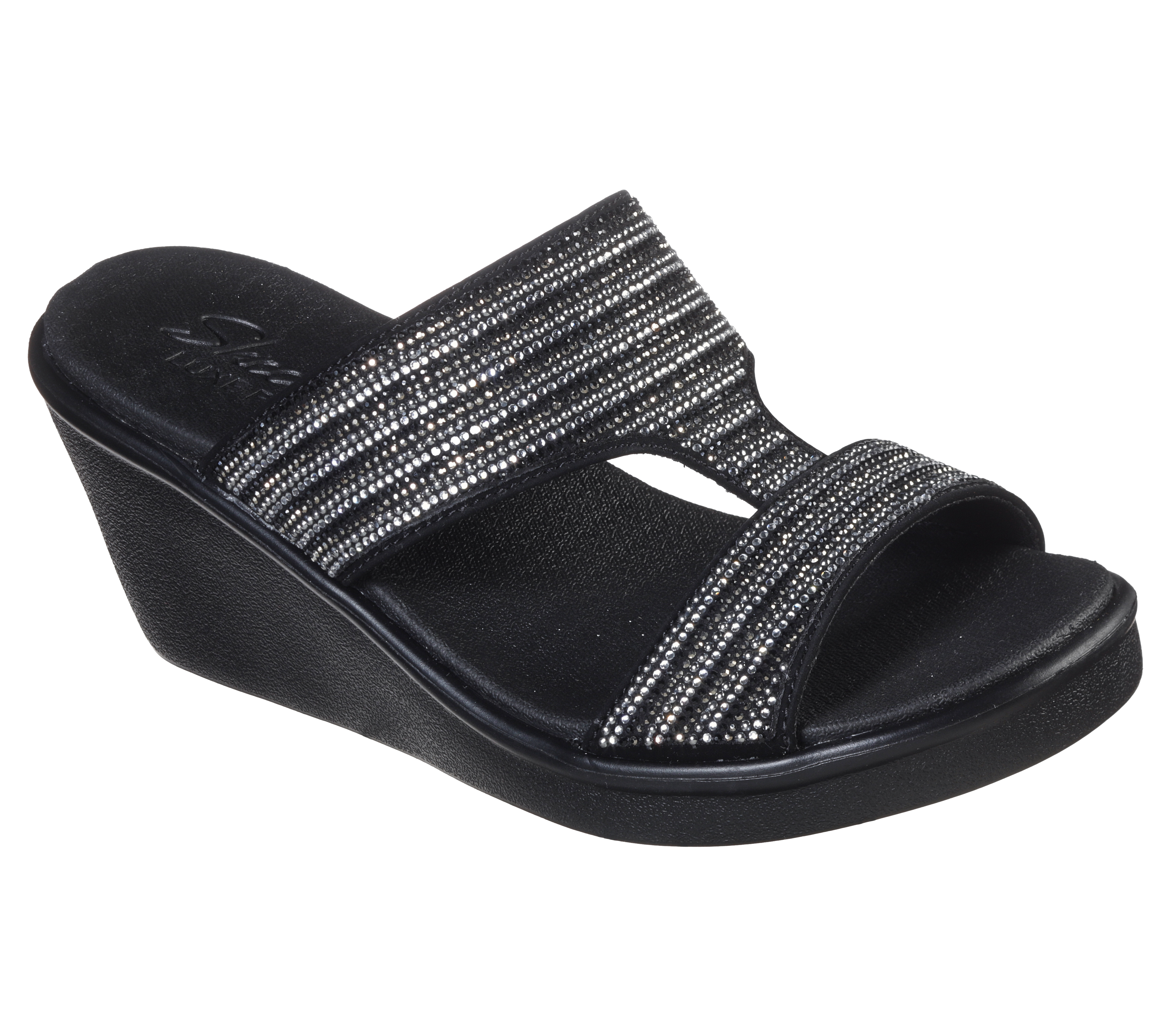 skechers black wedge sandals with rhinestones