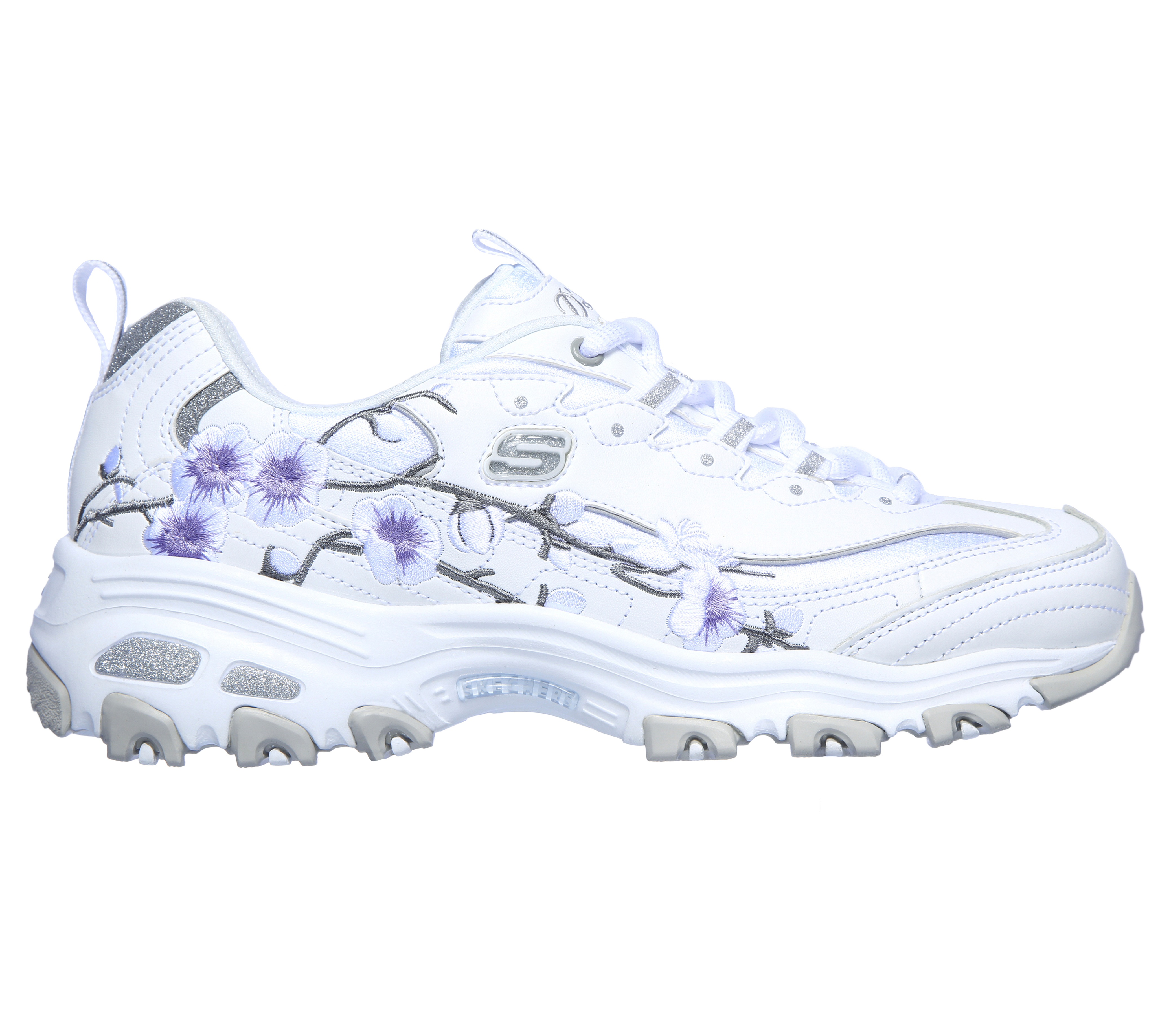 white skechers with flowers